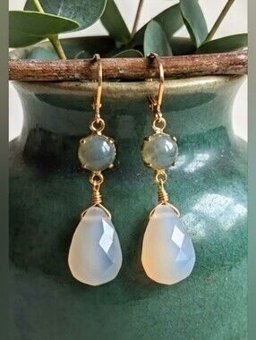 Natural Green Jade In Large Drop Gold Plated Earrings